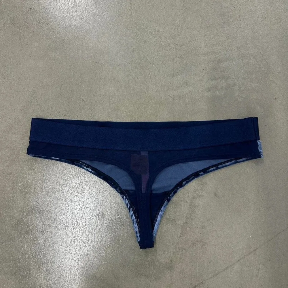 PINK Victoria's Secret Blue Crushed Velvet Mesh Thong Panty NWT Women's Large